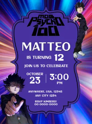 Editable Anime Birthday Invitation | Mob Psycho 100 Theme