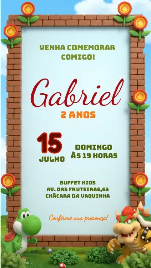 Convite de Aniversário Super Mario com Yoshi e Bowser Editável