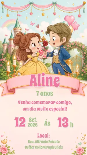 Convite de Aniversário A Bela e a Fera Modelo Editável