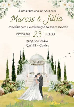 Convite de Casamento Verde e Branco Ilustrado para Editar