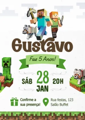 Convite de Aniversário Minecraft com Personagens para Editar Online
