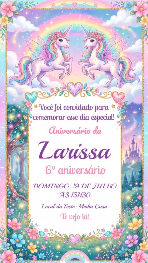 Convite de Aniversário Unicórnio Mágico para Editar
