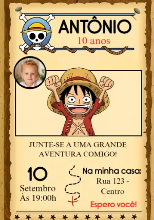 Convite de Aniversário One Piece com Foto para Editar Online