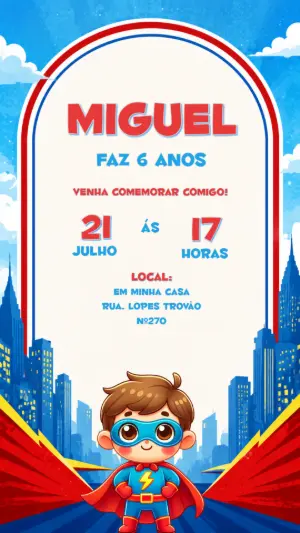 Convite de Aniversário Super-Herói Infantil para Editar