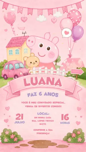 Convite Digital Aniversário Infantil Peppa Pig Aquarela  Editável