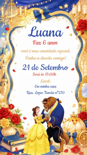 Convite de Aniversário A Bela e a Fera Editável