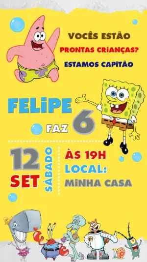 Convite de Aniversário Bob Esponja Digital para Editar