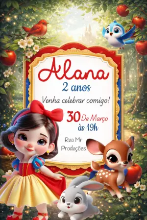Convite de Aniversário Branca de Neve Fofo Editável