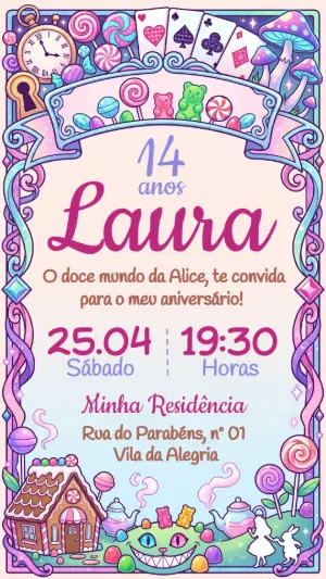Convite Alice no País dos Doces Editável para Aniversário
