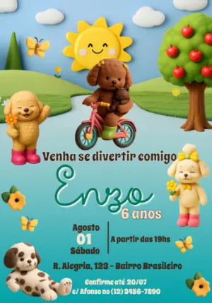 Convite de Aniversário Cachorrinhos Fofos Editável Online