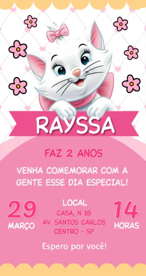 Convite de Aniversário Gatinha Marie Rosa para Editar