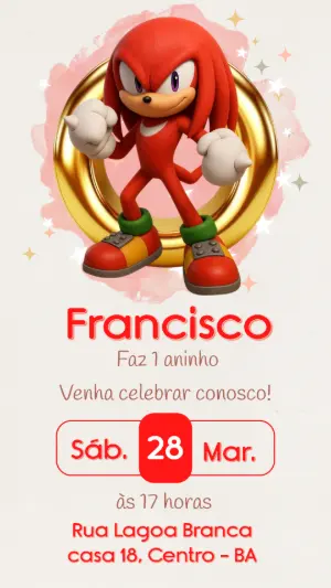 Convite Digital Aniversário Knuckles do Sonic Modelo Editável