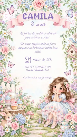 Convite de Aniversário Jardim Encantado Lilás Modelo Editável