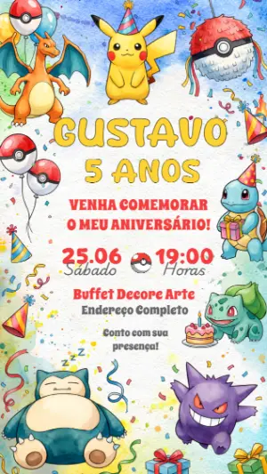 Convite de Aniversário Pokémon Aquarela para Editar
