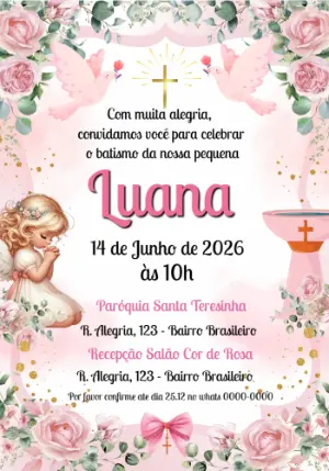 Convite de Batismo Anjinha Rosa Floral para Editar Online