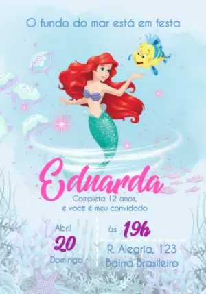 Convite de Aniversário Pequena Sereia Fundo do Mar para Editar