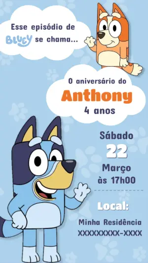Convite Aniversário Bluey e Bingo para Editar Online