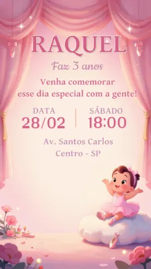 Convite de Aniversário Bailarina Rosa Delicado Editável