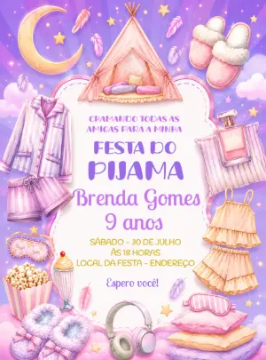 Convite de Aniversário Festa do Pijama Lilás Editável