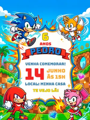 Convite de Aniversário Sonic Colorido para Editar