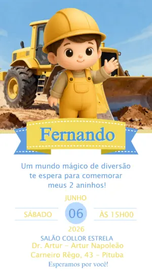 Convite de Aniversário Infantil Tema Construtor Editável