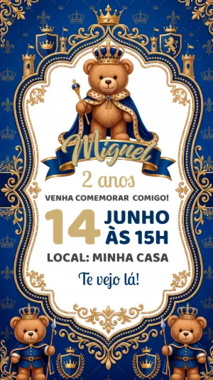 Convite de Aniversário Ursinho Príncipe Azul e Dourado Editável