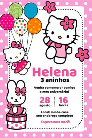 Convite de Aniversário Hello Kitty Rosa para Editar