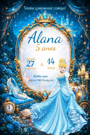 Convite de Aniversário Cinderela Azul e Dourado para Editar