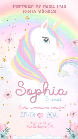 Convite de Aniversário Unicórnio Mágico para Editar Online
