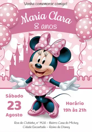 Convite Aniversário Minnie Mouse Rosa para Editar Online