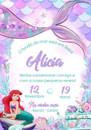 Convite Digital Fundo do Mar com a Sereia Ariel para Editar