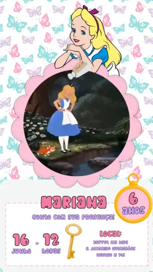 Convite Animado Aniversário Alice no País das Maravilhas para Editar