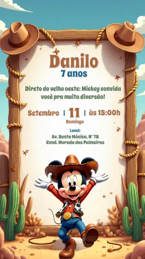 Convite Aniversário Mickey Cowboy para Editar Online