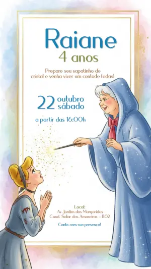 Convite Aniversário Cinderela e Fada Madrinha para Editar