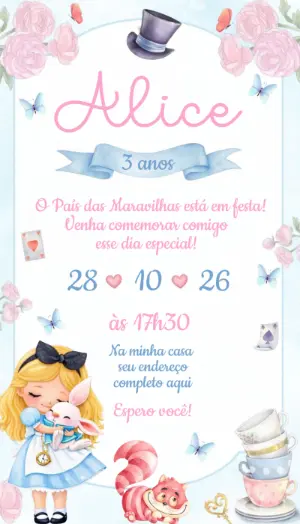 Convite Alice no País das Maravilhas Aquarela Editável