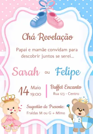Convite Chá Revelação Ursinhos Realeza para Editar Online