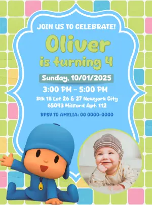 Pocoyo Birthday Invitation | Colorful Editable Template with photo