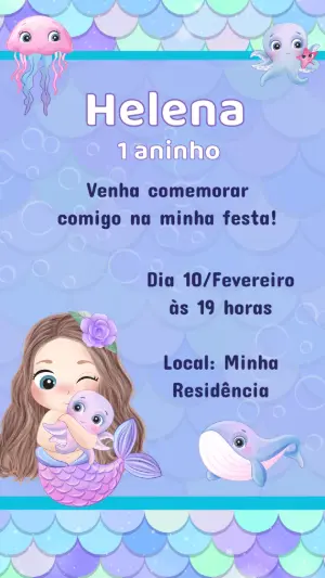 Convite de Aniversário Sereia Fofa Fundo do Mar para Editar