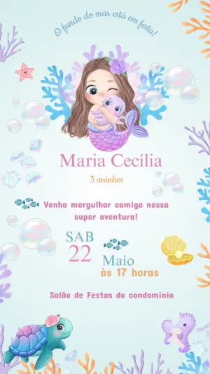 Convite Aniversário Sereia Fundo do Mar para Editar Online