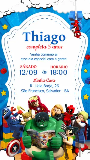 Convite de Aniversário Vingadores Lego para Editar Online