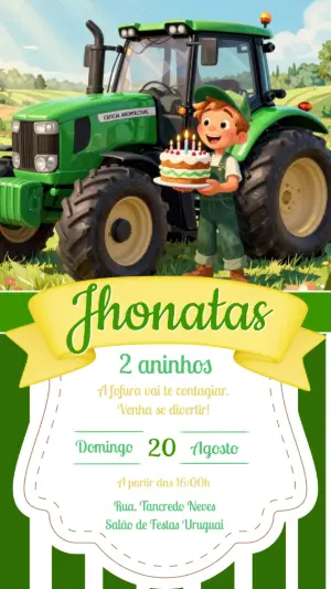 Convite Digital Infantil Tema Trator e Fazenda para Editar
