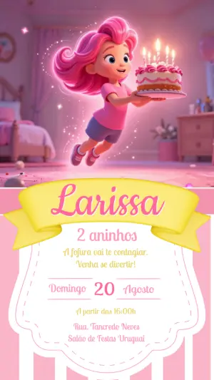 Convite de Aniversário Infantil Fada Rosa Editável