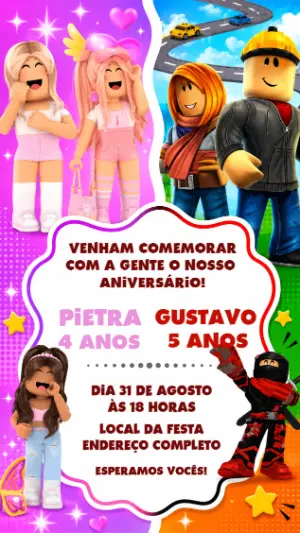 Convite Aniversário Duplo Roblox Menino e Menina para Editar