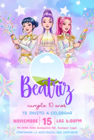 Invitación de Cumpleaños Las Guerreras K-Pop para Editar | Estilo Pop Star