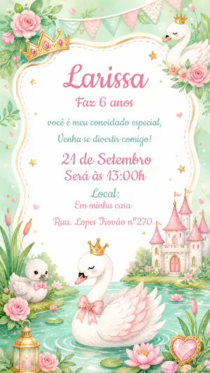 Convite Aniversário Cisne Princesa Editável