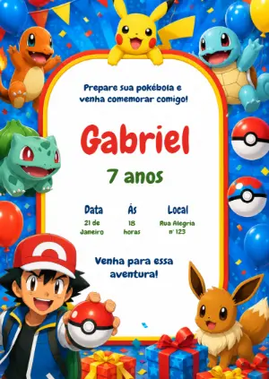 Convite de Aniversário Pokémon Editável para Festa Infantil