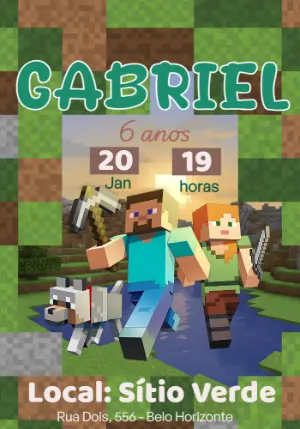 Convite Digital Minecraft para Aniversário Infantil Editável
