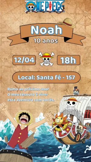 Convite Digital One Piece para Aniversário Infantil Editável