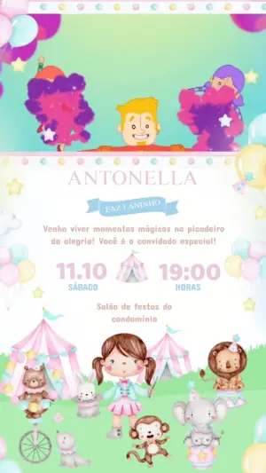 Convite Animado Aniversário Circo Rosa para Editar Online