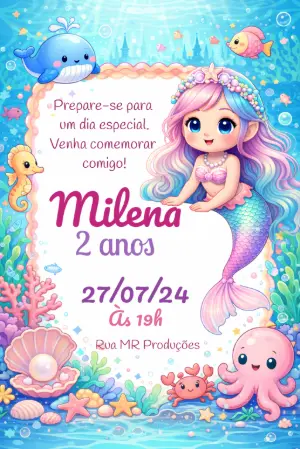 Convite de Aniversário Sereia Fofa Fundo do Mar Editável